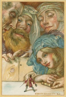 Gulliver walking about on the table at the inn as Glumdalcitch, his "little" Brobdingnagian nurse commanded him