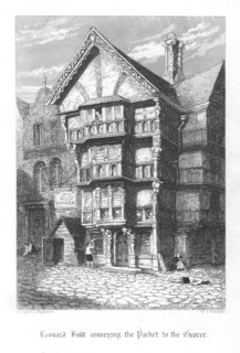 Leonard Holt tying a packet of letters to the bottom of a rope so that the grocer Bloundel can pull them up into his house which he has shut up to save his family from the Plague of London