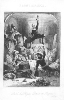 Song of the Plague: Chowles the coffin maker, top centre, drinking a toast to a long life for the plague so that he will become rich