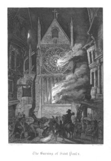 Old Saint Paul's burning during the Fire of London