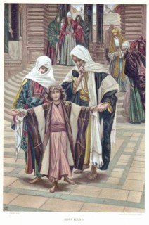 Mary and Joseph finding the young Jesus in the Temple where he had been sitting with the Doctors