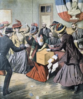 Belgian Suffragettes upsetting ballot boxes
