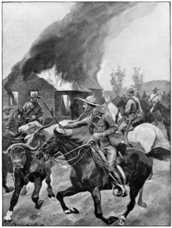 British colonial troops burning a rebel Boer's farm