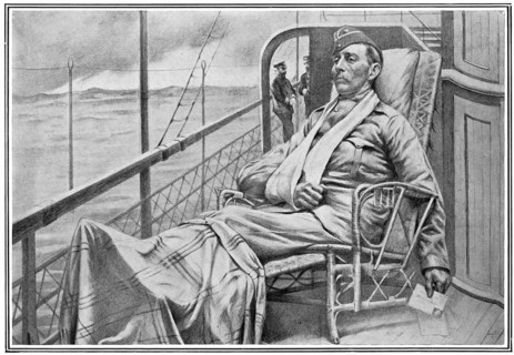 A wounded British officer sitting on deck on his way home from South Africa