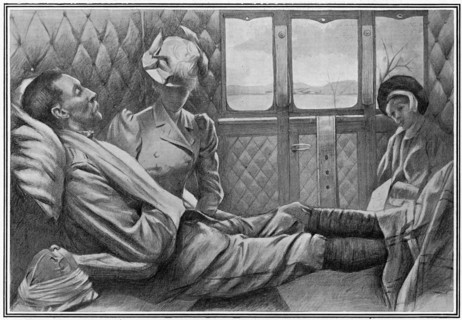 Wounded British officer in railway carriage