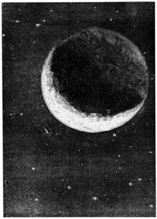 Space capsule dwarfed by the disc of the Moon