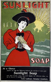 Advertisement for Sunlight household soap c1890 recommending it to the housewife by claiming it