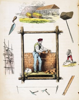 Bricklayer working on wooden scaffold