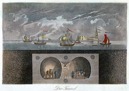 Cross-section showing position of Thames and a double arched masonry tunnel