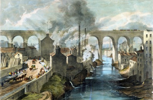 Train crossing Stockport viaduct on London & North Western Railway