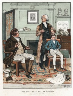 Phrenology: measuring bumps on boy's head to assess his future