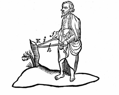 Descartes' illustration of how distance of object is perceived with binocular vision