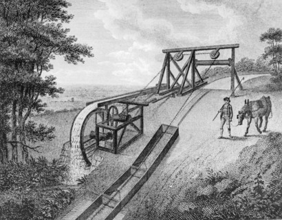 Inclined plane powered by water wheel in use on a canal