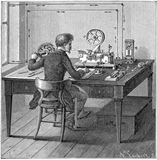 Operator receiving a message in Morse code on printing telegraph