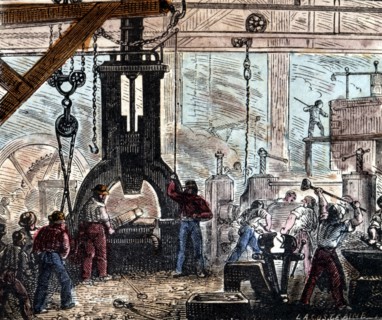 Steam hammer being used in an ironworks