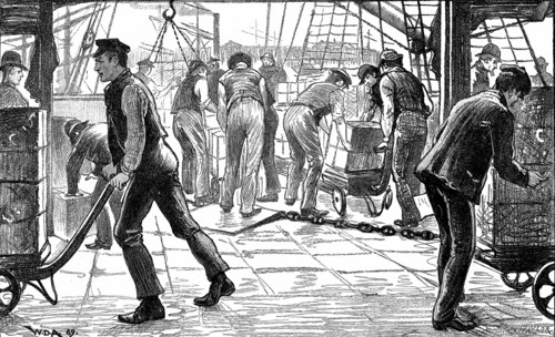 Dockers unloading tea in London Docks, 1889