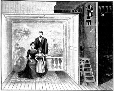 Boyer's photographic studio, a wooden framework with gauze-like material stretched over it