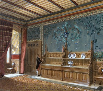 Servant next to a wooden dresser in a large room