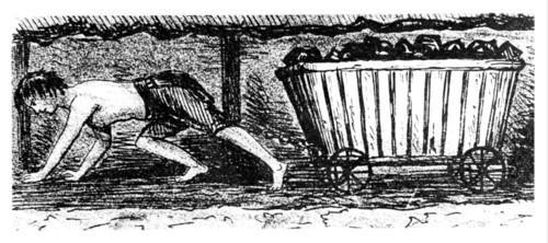 Boy 'putter' drawing a carriage containing 2 1