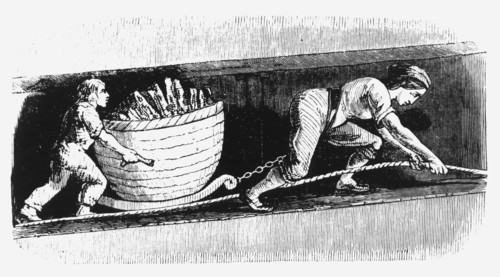 Woman and boy drawing a corve containing 3-4 cwt of coal