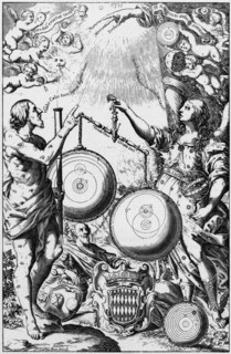 Urania, the Muse of Astronomy, weighing and comparing systems of the universe and giving greater weight to Tycho's system, right, than to that of Copernicus
