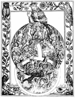 Hierarchy of the Church, with God at the head, the Pope below flanked by angels, kings, priests and laity, with demons falling into the flames of Hell below
