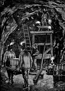 Workers in underground galleries putting cartridges of dynamite into position