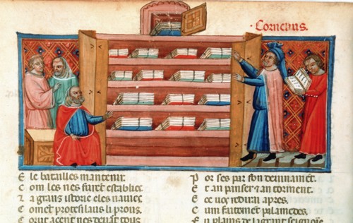 Monks and students in a library