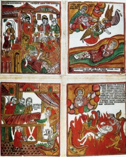 Russian popular coloured woodcut of parables, including the Raising of Lazarus