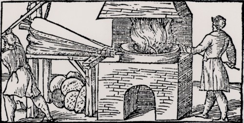 Using bellows to increase the draught in a furnace for refining copper