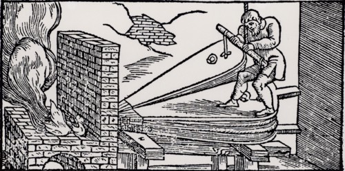Man operating bellows to increase the draught to a furnace