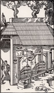 Bellows operated by a camshaft, supplying draught to a smelting furnace