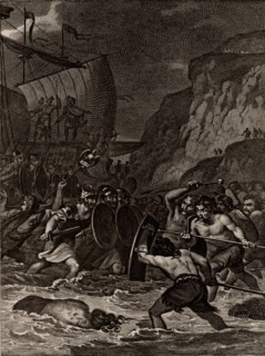 Roman troops under Julius Caesar invading Britain