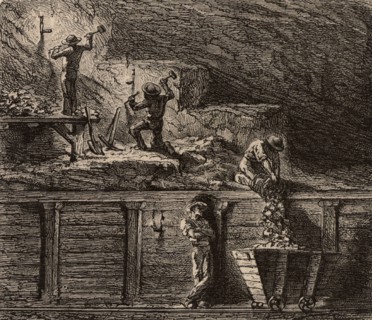 Miners working metal deposits by means of descending levels