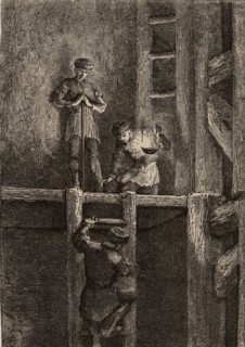 Miners in the Harz mines, Germany, descending the ladder shaft by the light of an oil lamp