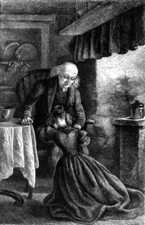 Esther, heroine of the novel, kneeling at the feet of  Lyon, the Independent minister she believes is her father