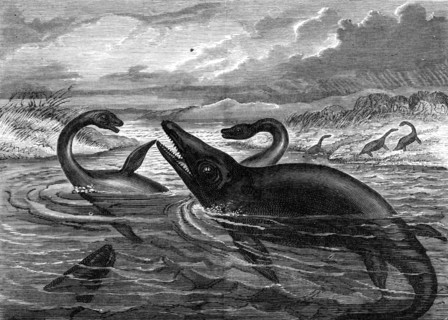 Artist's reconstruction of a Pleisiosaurus and an Ichthyosaurus