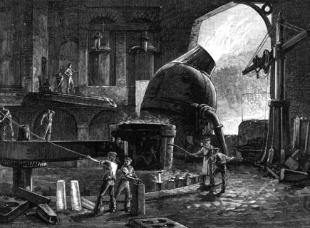 Steel manufacture by the Bessemer process in operation in Sheffield, England