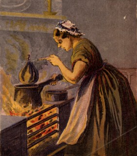 Cook putting a suet pudding wrapped in a cloth in a saucepan of hot water to boil on a typical small kitchen range