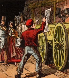 Newsboy selling papers in a London street as a horse bus stands at the kerbside