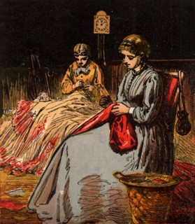 Dressmakers working into the night to finish dresses for fashionable ladies