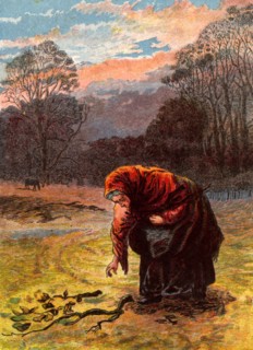 An old woman in a shawl bending stiffly to collect firewood