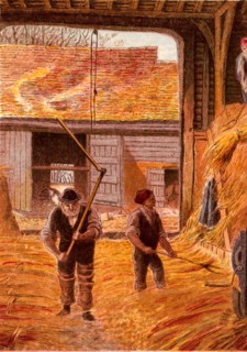 Farm labourers threshing corn with flails on the barn floor