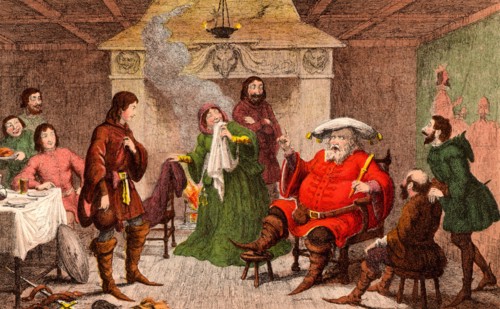 Falstaff, Prince Hal, and their cronies at the Boar's Head Tavern, Eastcheap, Falstaff playing being the King