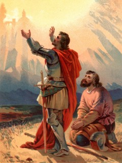 Christian, the pilgrim of the title, kneels in wonderment as he and his companion arrive within sight of the Holy City
