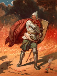 Christian, the pilgrim of the title, in combat with Apollyon, the Destroyer, the Angel of the Bottomless Pit