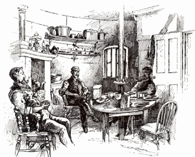 Lighthouse keepers relaxing after dinner on the Eddystone lighthouse