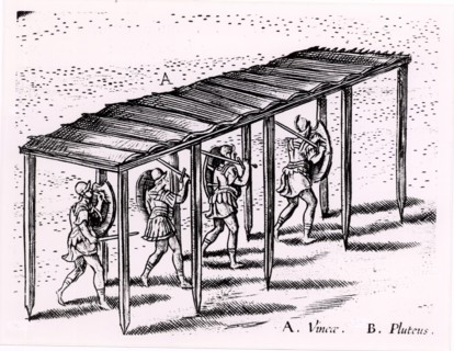 Roman soldiers using a 'cat' or protective covering