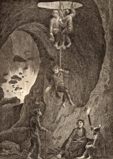 Miners being lowered by ropes