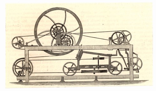 Side view of the spinning mule perfected in 1779 by Samuel Crompton
